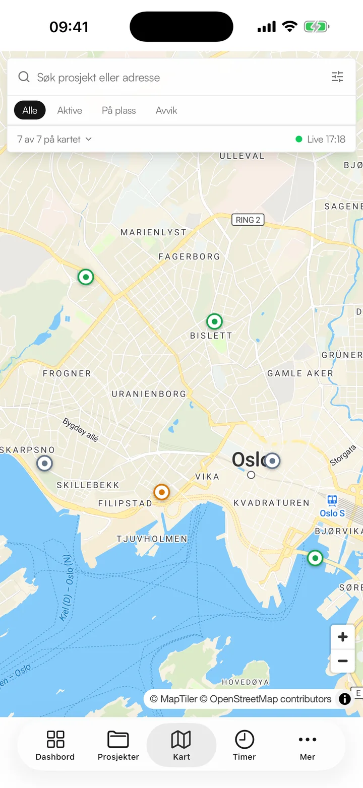 Prosjektkartet i appen over Oslo sentrum, med en nål for hvert prosjekt