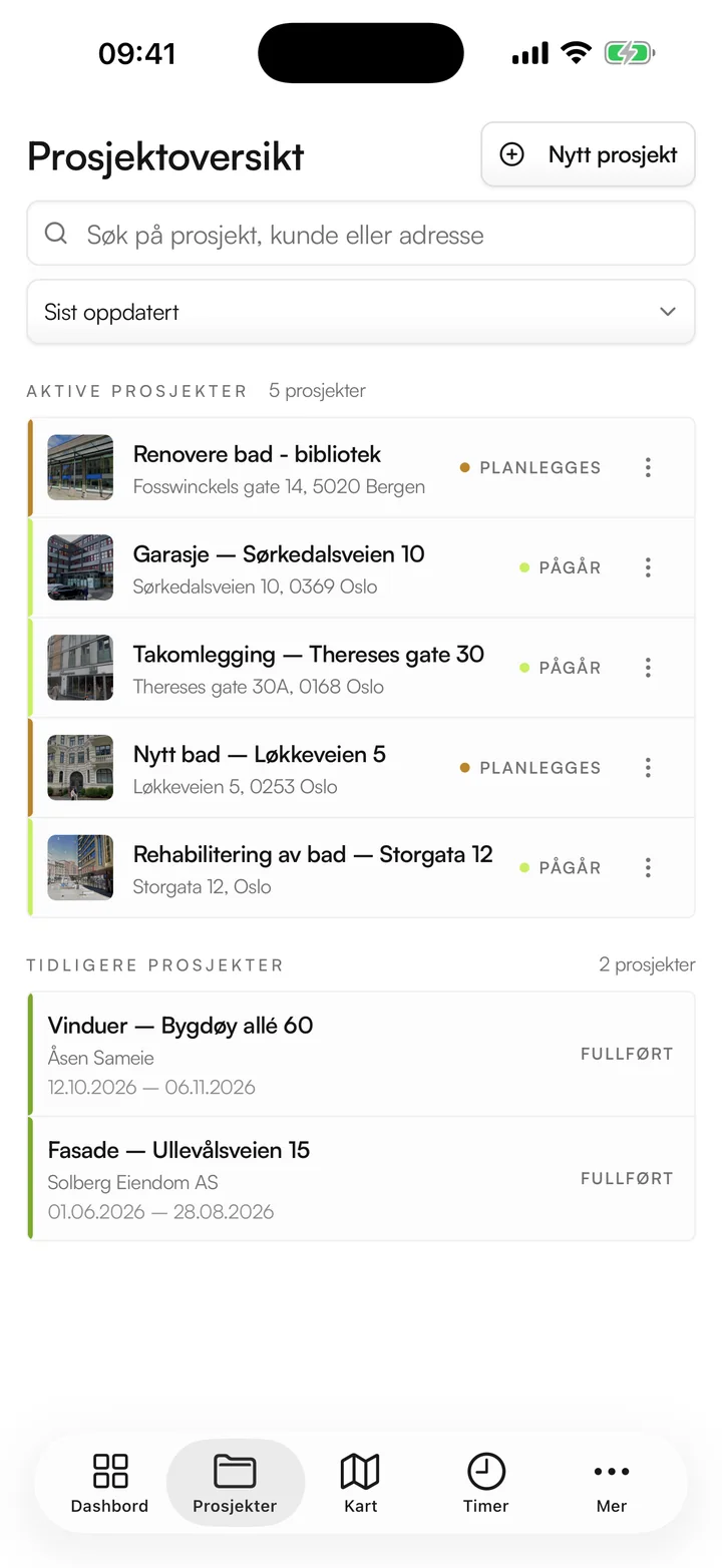 Prosjektoversikten i appen med fem aktive prosjekter og status planlegges og pågår