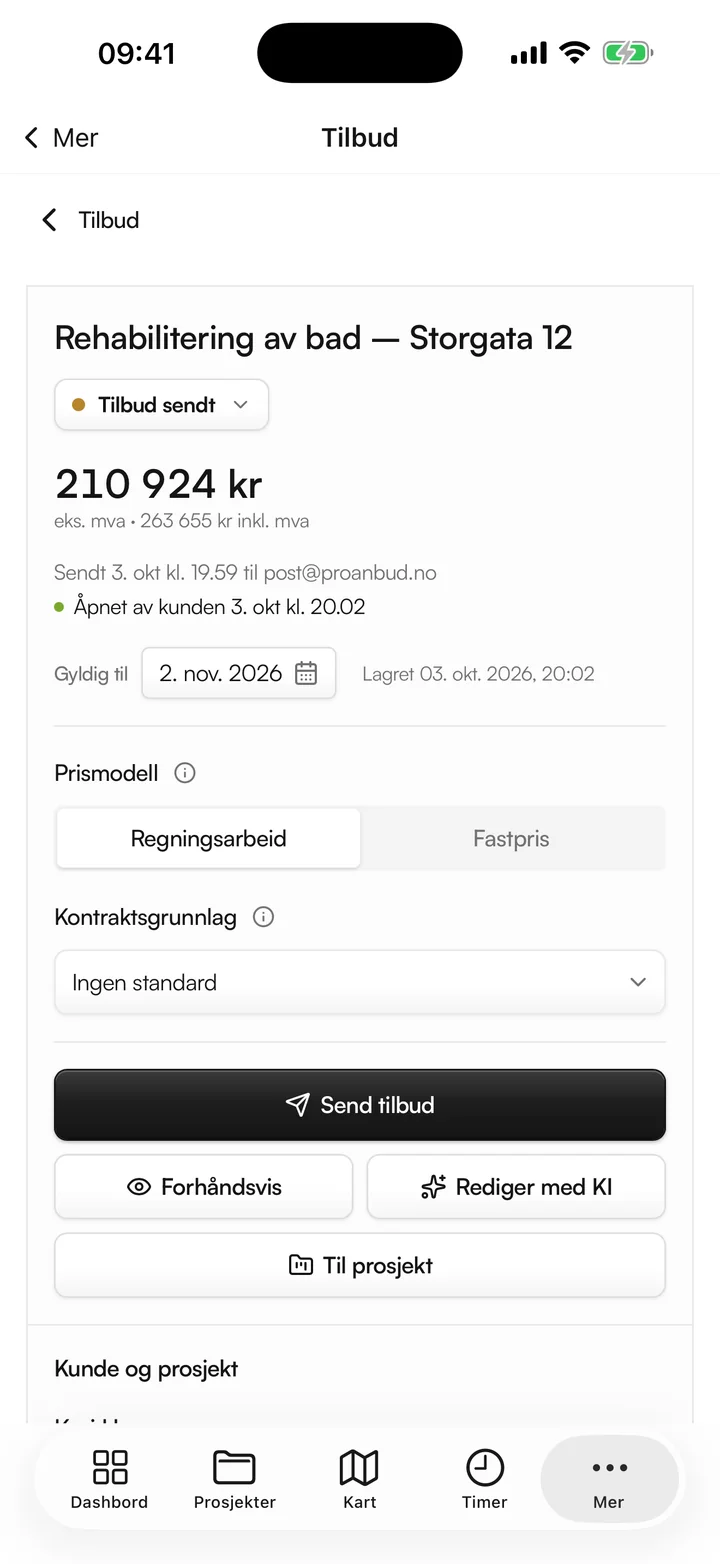 Et tilbud i appen: 210 924 kr, sendt og åpnet av kunden, med knappene Send tilbud, Forhåndsvis og Rediger med KI