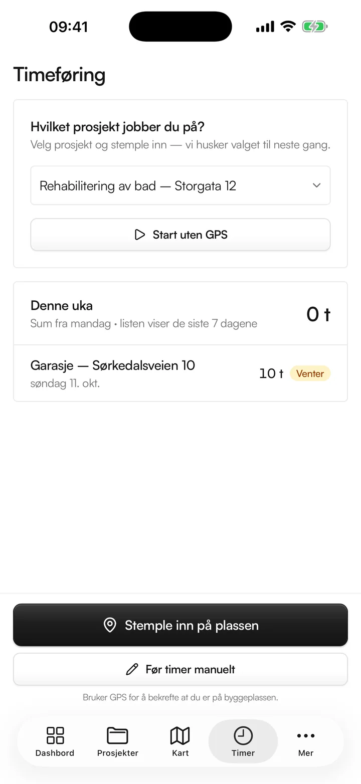 Timeføring i appen: prosjektet Rehabilitering av bad er valgt, med knappen Stemple inn på plassen