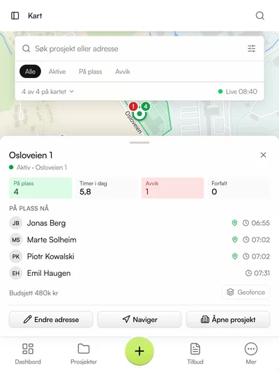 Kartet i Proanbud på mobil med eksempeldata: fire ansatte på plass på Osloveien 1, timer i dag, ett åpent avvik og knappene «Endre adresse», «Naviger» og «Åpne prosjekt»